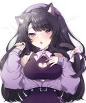  1girl :o absurdres animal_ears bell belt beret black_belt black_hair bow breasts cat_ears cat_girl cat_tail cleavage cleavage_cutout clothing_cutout english_commentary hand_on_own_chest hat highres indie_virtual_youtuber lying medium_breasts on_back purple_bow purple_eyes purple_headwear purple_skirt purple_sweater second-party_source shimotsuki_miri skirt solo sou_(sousan_xxxx) sweater sweater_tucked_in tail tail_bow tail_ornament two_side_up virtual_youtuber 
