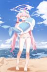  1girl absurdres ahoge beach blue_archive eyewear_on_head fang full_body hair_between_eyes halo heterochromia highres hoshino_(blue_archive) long_hair looking_at_viewer low_twintails navel open_mouth pink_hair sand silday sky solo sunglasses swimsuit twintails 