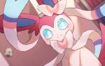  blue_eyes blurry blurry_background blush closed_mouth commentary_request door indoors katsukare looking_at_viewer no_humans pokemon pokemon_(creature) smile solo sylveon 