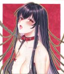  1girl bangs bare_shoulders bdsm black_bra black_hair blush bra breasts chain chain_leash collar collarbone covered_nipples large_breasts leash lingerie long_hair looking_at_viewer open_mouth original red_eyes sakura_shiho solo tongue tongue_out traditional_media underwear upper_body 