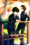  2boys black_hair brown_eyes brown_footwear brown_hair commentary_request fukube_satoshi gakuran green_eyes hand_on_own_face hyouka multiple_boys oreki_houtarou outdoors railing revision school_uniform standing takerusilt tree 