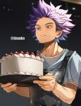  1boy adam&#039;s_apple apron bags_under_eyes bangs boku_no_hero_academia cake carrying dirty dirty_clothes dirty_face food food_on_face fruit highres holding holding_food icing light_blush looking_at_food looking_at_object male_focus messy_hair night purple_eyes purple_hair shinsou_hitoshi shirt short_hair short_sleeves solo spiked_hair strawberry tonbanlove twitter_username white_shirt window 