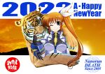  1girl 2022 ;) absurdres artist_name bangs black_gloves blue_eyes bracer breasts brown_hair chinese_zodiac closed_mouth commentary cropped_jacket dress english_text eyebrows_visible_through_hair fingerless_gloves gloves hair_ribbon happy_new_year highres jacket long_hair looking_at_viewer lyrical_nanoha magical_girl mahou_shoujo_lyrical_nanoha_strikers medium_breasts nengajou new_year one_eye_closed outside_border ribbon side_ponytail smile solo sunrise takamachi_nanoha tiger tsukamoto_takashi white_dress white_jacket white_ribbon year_of_the_tiger 