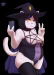  anthro belly big_breasts breasts bzeh cape catti_(deltarune) chubby_female clothing deltarune domestic_cat eyelashes felid feline felis female gesture hat headgear headwear hi_res highlights_(coloring) legwear mammal peeking_nipple phone selfie solo tight_clothing tights undertale_(series) v_sign video_games witch_costume witch_hat 