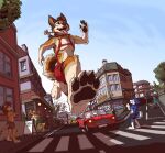  2017 anthro bottomwear building canid canine canis car cervid city clothing destruction domestic_dog fur harness hi_res macro macro_focus mammal micro open_mouth plantigrade red_bottomwear red_clothing red_shorts running shorts tirrel tirrel_(character) tongue tongue_out town underpaw unguligrade_anthro vehicle 