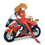  1girl bangs blue_eyes bodysuit bracer breasts commentary_request full_body gloves ground_vehicle hair_ornament hand_on_own_thigh head_tilt headwear_removed helmet helmet_removed highres kinfuji leg_lift light_smile long_hair long_legs motor_vehicle motorcycle neon_genesis_evangelion orange_hair plugsuit rebuild_of_evangelion revision shadow simple_background sitting skinny slim_legs small_breasts smile souryuu_asuka_langley turtleneck two_side_up white_background 