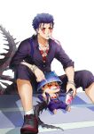  animal_hood blue_hair capri_pants cat_hood changye chest_tattoo cu_chulainn_(fate) cu_chulainn_alter_(fate/grand_order) dual_persona earrings facepaint facial_mark fate/grand_order fate_(series) hood jewelry long_hair male_focus mini_cu-chan_(fate) necklace overalls pants ponytail popsicle_in_mouth red_eyes sneakeers tail tattoo 