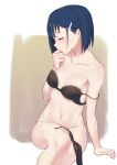  1girl absurdres arm_support asymmetrical_hair black_bra black_panties blue_hair blush bob_cut bra breasts brown_background closed_eyes collarbone darling_in_the_franxx frilled_bra frills hair_ornament hairclip highres ichigo_(darling_in_the_franxx) invisible_chair legs_together medium_breasts outside_border panties panties_removed shiliuyexiaohei shiny shiny_skin short_hair side-tie_panties sitting solo sweat underwear white_background 