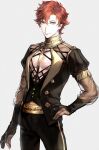  1boy adapted_costume brown_eyes changye fire_emblem fire_emblem:_three_houses garreg_mach_monastery_uniform hand_on_hip male_focus no_undershirt orange_eyes pectoral_cleavage pectorals red_hair see-through_sleeves solo sylvain_jose_gautier v-neck 