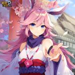  1girl animal_ears architecture bad_link bangs bare_shoulders benghuai_xueyuan blue_eyes blue_sky cherry_blossoms closed_mouth cloud cloudy_sky east_asian_architecture fox_ears hair_between_eyes highres honkai_(series) honkai_impact_3rd japanese_clothes jewelry long_hair looking_at_viewer necklace official_art outdoors petals pink_hair sky smile solo temple yae_sakura yae_sakura_(gyakushinn_miko) 
