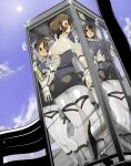  4girls against_glass ashigara_(kancolle) ass black_hair breasts brown_eyes brown_hair cloud commentary_request gloves haguro_(kancolle) hair_ornament hairband kantai_collection large_breasts lens_flare long_hair multiple_girls myoukou_(kancolle) nachi_(kancolle) name_john open_mouth pantyhose phone_booth revision short_hair sky white_gloves white_legwear 
