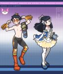  1boy 1girl alternate_costume bangs black_hair blue_footwear boots championship_belt clenched_hands closed_mouth commentary copyright_name dawn_(pokemon) dreambig dress english_commentary eyelashes facepaint flexing grey_eyes grin hair_ornament hands_up high_heels highres leg_up leggings long_hair lucas_(pokemon) orange_footwear outline pantyhose pokemon pokemon_(game) pokemon_dppt pose short_hair sidelocks smile standing teeth topless_male watermark white_legwear wristband 