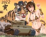  1girl 2022 animal_ears animal_print arm_warmers bangs bikini black_headwear breasts brown_eyes brown_hair chinese_zodiac choker claw_pose cleavage commentary_request emblem eyepatch fake_animal_ears fake_tail fangs fingernails front-tie_bikini front-tie_top garrison_cap girls_und_panzer grass ground_vehicle halterneck hat highres jewelry kuromorimine_(emblem) kuromorimine_military_uniform large_breasts looking_at_viewer military military_hat military_vehicle motor_vehicle navel new_year nishizumi_maho open_mouth orange_background orange_bikini orange_choker partial_commentary pendant print_bikini print_choker sharp_fingernails short_hair side-tie_bikini smile solo standing string_bikini swimsuit tail tank tiger tiger_ears tiger_i tiger_print tiger_tail tigern_(tigern28502735) translated year_of_the_tiger 