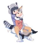  2girls animal_ears beleven black_footwear black_skirt blue_sweater brown_eyes commentary_request common_raccoon_(kemono_friends) elbow_gloves extra_ears eyebrows_visible_through_hair fox_ears fox_girl fox_tail fur_trim gloves grey_gloves grey_hair grey_legwear grey_skirt highres island_fox_(kemono_friends) jacket kemono_friends loafers long_sleeves multicolored_clothes multicolored_hair multicolored_legwear multiple_girls one_eye_closed open_mouth orange_hair orange_jacket orange_legwear pantyhose pleated_skirt puffy_short_sleeves puffy_sleeves raccoon_ears raccoon_girl raccoon_tail shoes short_hair short_sleeves sitting skirt sweater tail white_footwear white_fur white_gloves white_hair yellow_eyes 