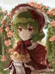  1girl adapted_costume ascot bangs bonnet capelet center_frills closed_mouth day flower flower_request frills green_hair hair_between_eyes hair_flower hair_ornament kazami_yuuka koto_(shiberia39) light_blush light_smile looking_at_viewer outdoors pink_flower red_capelet red_eyes red_flower red_rose rose solo touhou upper_body yellow_ascot 