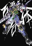  absurdres arm_blade black_background floating gaohunter_justice green_eyes highres hyakujuu_sentai_gaoranger looking_down mecha niidan no_humans science_fiction solo super_robot super_sentai tokusatsu weapon 