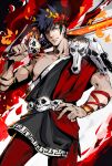  1boy black_hair black_sclera changye colored_sclera explosion fire greek_clothes green_eyes hades_(game) hand_on_hip heterochromia laurel_crown over_shoulder pants red_eyes solo spiked_hair sword sword_over_shoulder weapon weapon_over_shoulder zagreus_(hades) 