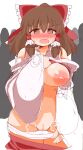  1girl bangs blush bow breasts brown_eyes brown_hair cleft_of_venus clothes_pull collar curvy detached_sleeves embarrassed exhibitionism eyebrows_visible_through_hair frown hair_between_eyes hair_bow hair_tubes hakurei_reimu highres looking_at_viewer medium_hair nipples no-biru one_breast_out open_mouth panties panty_pull pubic_hair public_indecency red_bow red_shirt red_skirt ribbon-trimmed_sleeves ribbon_trim shirt sidelocks simple_background skirt skirt_pull skirt_set solo_focus textless touhou underwear v-shaped_eyebrows white_background white_collar white_panties wide_hips 