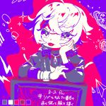  1boy bangs black_jacket black_shirt chibi closed_mouth color_guide fuwa_minato hair_between_eyes hand_up jacket kiduta_cielo limited_palette long_sleeves looking_at_viewer male_focus nijisanji open_clothes open_jacket paper_airplane planet planetary_ring purple_background purple_eyes red_background shirt solo tongue tongue_out translation_request two-tone_background upper_body virtual_youtuber white_hair 