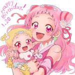  2girls :d baby bib blonde_hair cure_yell dated double_bun earrings flower hair_cones hair_flower hair_ornament hair_ribbon happy_birthday heart heart_hair_ornament holding_baby hug-tan_(precure) hugtto!_precure jewelry long_hair magical_girl morino_araitamamia multiple_girls nono_hana open_mouth pink_eyes pink_hair precure red_ribbon ribbon short_hair simple_background smile upper_body white_background 