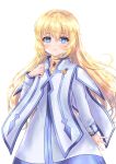  1girl blonde_hair blue_eyes blush choker closed_mouth coat colette_brunel cowboy_shot inumaru75707951 long_hair looking_at_viewer shiny shiny_hair simple_background smile solo standing tales_of_(series) tales_of_symphonia white_background white_coat yellow_choker 