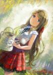  1girl blonde_hair blue_eyes closed_mouth commentary_request flower frilled_skirt frills garden hair_ribbon holding holding_watering_can long_hair miyai_haruki original outdoors photoshop_(medium) plaid plaid_skirt red_ribbon revision ribbon skirt sleeveless smile solo watering_can 