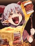  1girl absurdres blue_vest carving_fork cheese curly_hair earrings food french_fries gomeifuku highres horizontal_pupils horn_ornament horn_ribbon horns jewelry red_eyes red_horns ribbon sandwich sharp_teeth sheep_horns solo teeth tongue tongue_out touhou toutetsu_yuuma uvula vest white_hair 