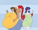  2012 anthro belly big_belly big_breasts blue_eyes blue_hair bottomwear breasts brown_body brown_eyes brown_fur brown_hair chipmunk clothing digital_media_(artwork) duo felid female fur gesture ground_squirrel hair huge_breasts mammal multicolored_body multicolored_fur open_mouth pantherine pants pregnant red_body red_fur rodent satsumalord sciurid shirt smile stripes terry_(satsumalord) thick_thighs tiger topwear two_tone_body two_tone_fur v_sign waving white_body white_fur wide_hips zephra_(character) 