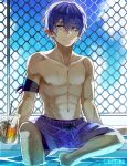  1boy armband blue_sky boku_no_hero_academia chain-link_fence collarbone cup day dripping expressionless fence hair_between_eyes hair_down holding holding_cup long_bangs male_focus male_swimwear pool pov purple_eyes purple_hair purple_shorts shinsou_hitoshi short_hair shorts sitting sky solo swim_trunks tonbanlove topless_male twitter_username water_drop wet wet_hair 