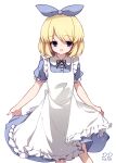  1girl absurdres alice_(black_souls) apron artist_name bangs black_ribbon black_souls blonde_hair blue_dress blue_ribbon buttons chinese_commentary clothes_lift collared_dress dress dress_lift flat_chest frilled_apron frilled_sleeves frills hair_between_eyes hair_ribbon highres lifted_by_self looking_at_viewer open_mouth puffy_short_sleeves puffy_sleeves pupa_jiang purple_eyes purple_pupils ribbon short_hair short_sleeves simple_background solo white_apron white_background 