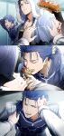  1girl 2boys anger_vein armor blue_bodysuit blue_capelet blue_hair bodysuit capelet changye chinese_commentary closed_eyes command_spell commentary_request crepe cu_chulainn_(caster)_(fate) cu_chulainn_(fate) cu_chulainn_(fate/stay_night) dual_persona earrings eating fate/grand_order fate_(series) food food_theft fujimaru_ritsuka_(female) fur-trimmed_hood fur_trim grabbing_another&#039;s_hair grin highres holding holding_food hood hood_up hooded_capelet jewelry long_hair looking_at_viewer male_focus multiple_boys one_eye_closed parted_lips ponytail pov red_eyes sandwich shoulder_armor smile sweatdrop wince 