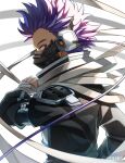  1boy armband audio_jack bags_under_eyes blurry boku_no_hero_academia depth_of_field drop_shadow forehead from_behind head_down holding holding_weapon jumpsuit looking_at_viewer looking_back male_focus mask messy_hair mouth_mask purple_eyes purple_hair scarf shadow shinsou_hitoshi short_hair shoulder_pads sideways_glance solo spiked_hair strap tonbanlove twitter_username upper_body weapon white_background 