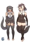  2girls animal_ears antenna_hair arms_at_sides artist_logo bangs bare_shoulders borrowed_character brown_eyes brown_hair closed_mouth elbow_gloves extra_ears eyebrows_visible_through_hair fingerless_gloves frilled_swimsuit frills fur_collar giant_otter_(kemono_friends) giant_otter_(kemono_friends)_(kuro_(kurojill)) gloves grey_hair kemono_friends kishida_shiki looking_at_another looking_down medium_hair multicolored_hair multiple_girls one-piece_swimsuit original otter_ears otter_girl otter_tail red_eyes sharp_teeth short_hair simple_background standing swimsuit tail tan teeth thighhighs toeless_legwear toenails toes two-tone_hair walking white_background white_hair zipper zipper_pull_tab 