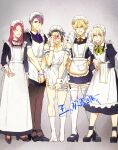  5boys agravain_(fate) alternate_costume apron apron_pull bedivere_(fate) blush changye crossdressing embarrassed enmaided facepalm fate/grand_order fate_(series) gawain_(fate) knights_of_the_round_table_(fate) lancelot_(fate/grand_order) long_skirt maid maid_headdress miniskirt multiple_boys pantyhose skirt thighhighs tristan_(fate) 