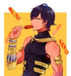  1boy armlet bare_shoulders black_hair changye dark-skinned_male dark_skin earrings eating fate/grand_order fate/prototype fate/prototype:_fragments_of_blue_and_silver fate_(series) food jewelry male_focus ozymandias_(fate) sausage sexually_suggestive sleeveless sleeveless_turtleneck solo turtleneck vambraces yellow_eyes 