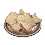  artist_request biscuit_(bread) commentary english_commentary food food_focus genshin_impact lowres muted_color no_humans official_art plate still_life third-party_source transparent_background 