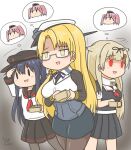  3girls akatsuki_(kancolle) akatsuki_kai_ni_(kancolle) anchor_symbol artist_name atlanta_(kancolle) beans black_headwear black_legwear black_ribbon black_sailor_collar black_serafuku black_skirt blonde_hair blush brown_hair corset curse_(023) dated eyebrows_visible_through_hair false_smile flat_cap green_eyes hair_between_eyes hair_flaps hair_ornament hair_ribbon hairclip hat headgear holding imagining kantai_collection long_hair long_sleeves masu military military_uniform multiple_girls naval_uniform neckerchief northampton_(kancolle) open_mouth pantyhose peaked_cap pencil_skirt pleated_skirt purple_hair red_eyes red_neckerchief ribbon sailor_collar scarf school_uniform serafuku short_sleeves signature skirt uniform white_headwear white_scarf yuudachi_(kancolle) yuudachi_kai_ni_(kancolle) 