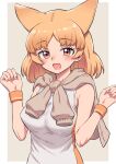  1girl :d absurdres animal_ears bare_shoulders blonde_hair blush breasts commentary_request extra_ears eyebrows_visible_through_hair fox_ears grey_background highres kemono_friends looking_at_viewer medium_breasts medium_hair oogushi_aritomo open_mouth orange_eyes pale_fox_(kemono_friends) shirt simple_background sleeveless sleeveless_shirt smile solo upper_body wristband 