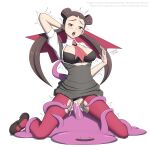  1girl bestiality bra breasts clothes_pull commentary cowgirl_position cum cum_in_pussy ditto highres pantyhose pokemon pokemon_(game) pokemon_oras roxanne_(pokemon) skirt slime_(creature) spread_legs straddling tentacles the_tentacle_professor torn_clothes torn_legwear underwear 
