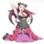  1girl bestiality bra breasts clothes_pull commentary cowgirl_position ditto highres pantyhose pokemon pokemon_(game) pokemon_oras roxanne_(pokemon) skirt slime_(creature) spread_legs straddling tentacles the_tentacle_professor torn_clothes torn_legwear underwear 