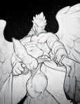  abs anthro avian balls beak black_and_white blood bodily_fluids feathers genitals knot male monochrome mostly_nude muscular muscular_male solo spottyjaguar weapon wings xjal 
