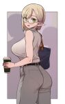  1girl ass bag bangs blonde_hair breasts cup disposable_cup elf geso_smith glasses green_eyes grey_pants grey_shirt highres holding holding_cup huge_breasts looking_at_viewer mole mole_under_eye office_lady original pants parted_lips pointy_ears shirt shirt_tucked_in short_hair shoulder_bag simple_background sleeveless sleeveless_shirt solo 