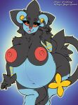  2022 anthro areola arm_tuft belly big_belly big_breasts black_body black_claws black_fur blue_body blue_fur breasts claws collarbone crossed_legs digital_media_(artwork) fangs female fur gesture hi_res looking_at_viewer luxray mane markings morgan_gorgon multicolored_body navel nintendo nipples nude overweight overweight_anthro overweight_female pok&eacute;mon pok&eacute;mon_(species) pregnant pregnant_female red_areola red_nipples red_nose red_sclera smile solo standing thick_thighs tongue tongue_out tuft v_sign video_games wide_hips wrist_tuft yellow_eyes yellow_markings 