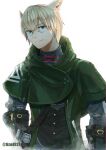  1boy absurdres animal_ears avatar_(ff14) backlighting bangs blonde_hair blue_eyes cloak eyebrows_visible_through_hair facial_mark final_fantasy final_fantasy_xiv highres long_bangs looking_at_viewer male_focus miqo&#039;te short_hair simple_background solo tonbanlove twitter_username upper_body white_background 