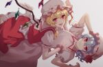  2girls :d ap5ry arms_up ascot back_bow bangs barefoot blonde_hair blue_hair bow closed_mouth crystal eyebrows_visible_through_hair fang flandre_scarlet frilled_shirt_collar frills girl_on_top hair_between_eyes hat hat_ribbon highres light_smile looking_at_viewer lying mob_cap multiple_girls on_back on_stomach one_side_up petticoat pink_headwear puffy_short_sleeves puffy_sleeves purple_hair red-skirt red_eyes red_ribbon red_vest remilia_scarlet ribbon short_hair short_sleeves siblings simple_background sisters smile teeth toes tongue touhou vest white_background white_bow wings yellow_ascot yuri 