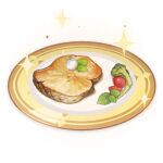  artist_request broccoli cherry_tomato commentary english_commentary fish_(food) flower food food_focus genshin_impact leaf lowres no_humans official_art plate sparkle still_life third-party_source tomato transparent_background white_flower 