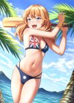  1girl absurdres bikini blander_mc blonde_hair blue_bikini blue_eyes blue_sky breasts cloud commentary_request commission cricket_bat day english_commentary flag_print highres long_hair medium_breasts mountain ocean open_mouth original outdoors palm_tree sky smile solo swimsuit teeth tree union_jack upper_teeth 