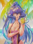  1girl bangs beach black_tank_top blue_eyes blue_hair breasts can cleavage collarbone hair_between_eyes hair_intakes highres holding holding_can light_smile medium_breasts mitsurugi_meiya muvluv ocean one-piece_swimsuit painting_(medium) parted_lips philiera plant ponytail portrait purple_swimsuit russian_commentary solo swimsuit tank_top traditional_media watercolor_(medium) 