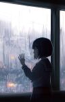  1girl absurdres black_hair black_serafuku bob_cut cityscape commentary condensation cowboy_shot dew_drop film_grain green_eyes hand_on_window highres indoors looking_outside mifuru original rain reflection school_uniform serafuku short_hair solo unhappy water_drop window 