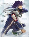  1boy bags_under_eyes blurry blurry_foreground boku_no_hero_academia debris depth_of_field forehead full_body green_footwear gym_uniform haze highres holding holding_weapon kneeling male_focus mask messy_hair mouth_mask one_knee purple_eyes purple_hair scarf shadow shinsou_hitoshi shoes short_hair sneakers solo spiked_hair strap tonbanlove twitter_username u.a._gym_uniform weapon wind 